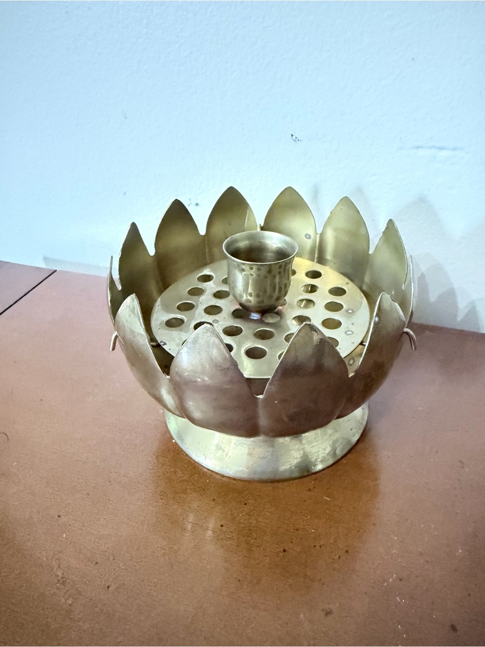 Vintage Solid Brass Lotus Flower Frog Candle Taper Holder Mcm Decoration Boho